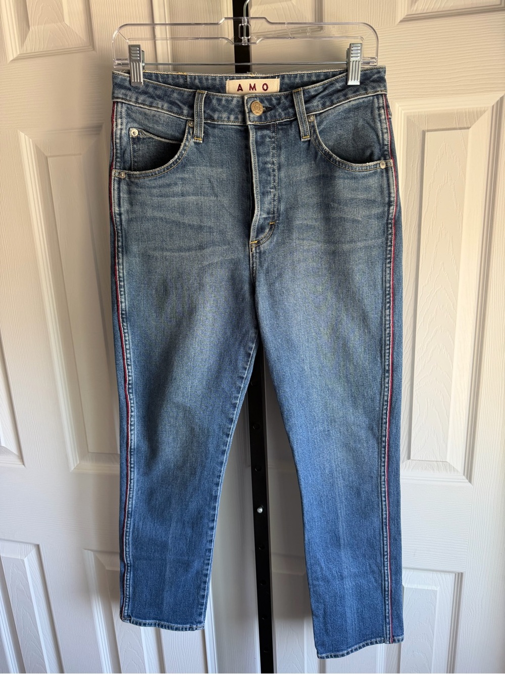 AMO DK Vintage Women’s Blue Straight Jeans with Red Side Stripe Size: 26